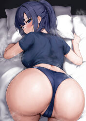 Rule 34 | 1girl, all fours, ass, blue archive, blue buruma, blue eyes, blue hair, blue shirt, blush, breasts, buruma, cameltoe, closed mouth, commentary request, from behind, highres, large breasts, looking at viewer, looking back, mochitsuki karen, partially visible vulva, pillow, shirt, solo, steaming body, sticker on face, sweat, t-shirt, top-down bottom-up, wet, yuuka (blue archive), yuuka (track) (blue archive)