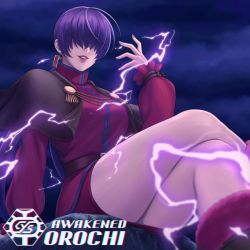 Rule 34 | 1girl, capelet, covered eyes, crossed legs, dress, highres, lightning, low twintails, official art, purple hair, shermie (kof), short dress, sitting, solo focus, the king of fighters, the king of fighters xv, twintails