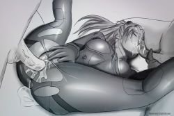 Rule 34 | 1girl, 2boys, artist name, ass, bodysuit, breasts, doggystyle, fellatio, happy sex, head out of frame, hetero, highres, hirume, huge ass, long hair, lying, medium breasts, missionary, monochrome, multiple boys, neon genesis evangelion, nipples, oral, penis, pussy, pussy juice, sex, sex from behind, souryuu asuka langley, spread legs, uncensored, vaginal