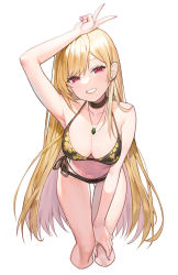 Rule 34 | 1girl, arm up, armpits, bikini, black bikini, blonde hair, breasts, cleavage, commentary, cropped legs, ear piercing, english commentary, eyelashes, feet out of frame, floral print, grin, hand on own knee, head tilt, highres, jewelry, kitagawa marin, large breasts, leaning forward, lips, long hair, looking at viewer, nail polish, navel, necklace, piercing, pink nails, print bikini, red eyes, side-tie bikini bottom, simple background, smile, solo, sono bisque doll wa koi wo suru, stomach, straight hair, sugarhigh, swept bangs, swimsuit, teeth, thigh gap, thighs, v, white background