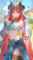 Rule 34 | 1girl, absurdres, bare shoulders, closed mouth, crop top, forehead jewel, genshin impact, gold trim, green eyes, harem outfit, highres, horns, long hair, looking at viewer, nilou (genshin impact), parted bangs, pelvic curtain, red hair, smile, solo, stomach, teffish, thighlet, thighs, veil, vision (genshin impact)