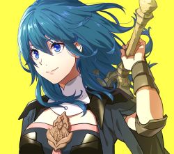 Rule 34 | 1girl, armor, asao (vc), black armor, black shirt, blue eyes, blue hair, byleth (female) (fire emblem), byleth (fire emblem), closed mouth, commentary, english commentary, fire emblem, fire emblem: three houses, floating hair, hair between eyes, holding, holding sword, holding weapon, lips, long hair, looking away, nintendo, over shoulder, shirt, short sleeves, simple background, smile, solo, sword, sword behind back, sword of the creator, sword over shoulder, weapon, weapon over shoulder, yellow background