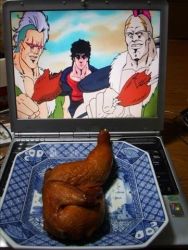 Rule 34 | 2d dating, 3boys, computer, food, hokuto no ken, kenshiro, keyboard (computer), laptop, lonely, looking at viewer, lowres, male focus, manly, meat, multiple boys, parody, photo (medium)