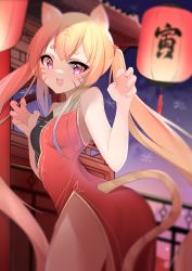Rule 34 | 1girl, absurdres, animal ears, blonde hair, breasts, china dress, chinese clothes, chinese zodiac, dress, eyes visible through hair, feet out of frame, fireworks, from side, happy new year, highres, long hair, looking at viewer, new year, open mouth, original, paw pose, purple eyes, red dress, simple background, small breasts, smile, solo, standing, tail, tiger ears, tiger tail, twintails, yanwulazy, year of the tiger