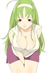 Rule 34 | 10s, 1girl, between legs, breasts, cleavage, green hair, hand between legs, happy, large breasts, long hair, looking at viewer, miniskirt, shirt, side slit, simple background, skirt, sleeveless, sleeveless shirt, smile, solo, star driver, watanabe kanako, white background
