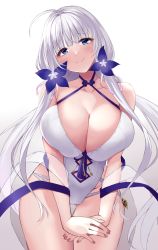 Rule 34 | 1girl, azur lane, bare shoulders, blue eyes, blush, breasts, cleavage, closed mouth, collarbone, cowboy shot, gradient background, hair ornament, highres, illustrious (azur lane), large breasts, long hair, looking at viewer, mole, mole under eye, one-piece swimsuit, simple background, smile, solo, swimsuit, thigh gap, thighs, wee (weeyy), white one-piece swimsuit