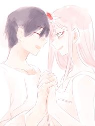 Rule 34 | 10s, 1boy, 1girl, black hair, blush, closed eyes, commentary request, couple, darling in the franxx, face-to-face, facing another, forehead-to-forehead, green eyes, hair ornament, hairband, heads together, hetero, hiro (darling in the franxx), holding hands, horns, interlocked fingers, long hair, looking at another, nightgown, oni horns, oroneko, pajamas, pink hair, red horns, short hair, white hairband, zero two (darling in the franxx)