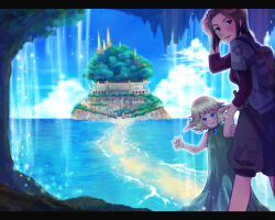 Rule 34 | 2girls, blonde hair, blue eyes, blue sky, blush, brown background, brown eyes, brown hair, brown shorts, cave, closed mouth, cloud, commentary request, day, dress, feet out of frame, gobaku no hito, green dress, grey shirt, hand on own head, holding hands, horizon, island, layered sleeves, letterboxed, long sleeves, looking at viewer, looking back, multiple girls, ocean, open mouth, original, outdoors, red shirt, ruins, shirt, short hair, short over long sleeves, short sleeves, shorts, sky, smile, tree, water