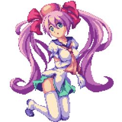 Rule 34 | bad id, bad pixiv id, cave (developer), dress, long hair, lowres, mushihime-sama, pixel art, purple hair, reco, solo, thighhighs, twintails, x.x