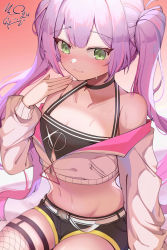 Rule 34 | 1girl, absurdres, bare shoulders, black shorts, breasts, choker, cleavage, closed mouth, collarbone, crop top, cropped jacket, fishnet thighhighs, fishnets, from above, green eyes, halterneck, halterneck, hand on own shoulder, highres, hololive, jacket, kyoto mogu, legwear garter, long hair, long sleeves, looking at viewer, midriff, navel, off shoulder, purple hair, short shorts, shorts, single thighhigh, smile, solo, thighhighs, thighs, tokoyami towa, twintails, very long hair, virtual youtuber