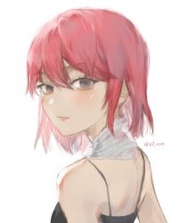 Rule 34 | 1girl, absurdres, artist name, bare shoulders, black eyes, hair between eyes, headband around neck, highres, looking at viewer, looking back, original, purplecat chi, red hair, short hair, simple background, solo, spaghetti strap, white background