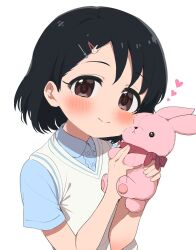 Rule 34 | 1girl, black hair, blue shirt, blush, brown eyes, closed mouth, collared shirt, commentary request, dress shirt, hair ornament, hairclip, hands up, heart, highres, holding, holding stuffed toy, idolmaster, idolmaster cinderella girls, looking at viewer, rabbit hair ornament, ransusan, sasaki chie, shirt, simple background, smile, solo, stuffed animal, stuffed rabbit, stuffed toy, sweater vest, upper body, white background