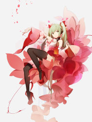 Rule 34 | 1girl, absurdres, black thighhighs, breasts, cleavage, closed mouth, detached sleeves, dress, flower, frilled dress, frills, full body, green eyes, green hair, hand up, hatsune miku, headset, high heels, highres, long hair, looking at viewer, medium breasts, outstretched arm, platform footwear, red dress, red flower, red footwear, shoes, solo, thighhighs, twintails, very long hair, vocaloid, white dress, wide sleeves, x-red flower