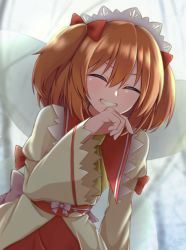 Rule 34 | 1girl, :d, blurry, blurry background, closed eyes, facing viewer, fairy wings, headdress, highres, juliet sleeves, laughing, long sleeves, mashiba lei, open mouth, orange hair, puffy sleeves, short hair, smile, solo, sunny milk, touhou, two side up, upper body, wings