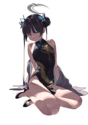 Rule 34 | 1girl, bare shoulders, black footwear, black hair, blue archive, butterfly hair ornament, china dress, chinese clothes, closed mouth, commentary request, double bun, dragon print, dress, hair bun, hair ornament, halo, kisaki (blue archive), long hair, looking at viewer, ningen (ningen96), print dress, shoes, simple background, sitting, sleeveless, sleeveless dress, solo, thighs, white background