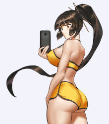 Rule 34 | 1girl, ass, bare arms, bare shoulders, blunt bangs, breasts, brown eyes, brown hair, cellphone, closed mouth, covered erect nipples, crop top, grey background, hair ornament, hair stick, halterneck, high ponytail, highres, holding, holding phone, hsh thx, large breasts, last origin, long hair, phone, selfie, short shorts, shorts, sideboob, sidelocks, smartphone, smile, solo, sports bra, thighs, tiequan (last origin), very long hair, yellow shorts