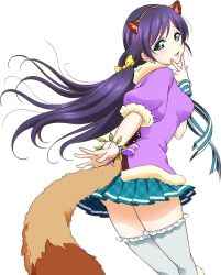 Rule 34 | 10s, 1girl, animal costume, animal ears, bow, bracelet, breasts, fake animal ears, female focus, frilled thighhighs, frills, fur trim, green eyes, hair bow, hairband, hand on own chin, jewelry, long hair, love live!, love live! school idol festival, love live! school idol project, official art, parted lips, pleated skirt, purple hair, raccoon ears, raccoon tail, ribbon, skirt, smile, solo, striped ribbon, tail, thighhighs, third-party edit, tojo nozomi, transparent background, twintails, white thighhighs, yellow bow