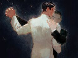 Rule 34 | 2boys, arm up, black background, black coat, black hair, chengongzi123, closed eyes, closed mouth, coat, dancing, dark-skinned male, dark skin, facing to the side, golden kamuy, grey eyes, hand on another&#039;s shoulder, hand up, highres, holding hands, koito otonoshin, long sleeves, looking at viewer, male focus, multiple boys, short hair, simple background, standing, tsukishima hajime, upper body, very short hair, waltz (dance), white coat, yaoi