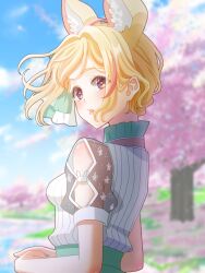 Rule 34 | 1girl, absurdres, animal ear fluff, animal ears, blonde hair, blouse, blue sky, blurry, blurry background, blush, cherry blossoms, cloud, cloudy sky, commentary request, day, fox ears, fox girl, heart, heart-shaped pupils, highres, hololive, kai otk, looking at viewer, looking back, multicolored hair, official alternate costume, official alternate hair length, official alternate hairstyle, omaru polka, omaru polka (street casual), outdoors, pink hair, purple eyes, see-through, see-through sleeves, shirt, short sleeves, sidelocks, sky, solo, streaked hair, symbol-shaped pupils, tree, upper body, virtual youtuber, white shirt