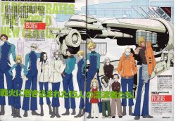 Rule 34 | 4girls, 6+boys, black hair, blonde hair, brown hair, facial hair, for the barrel, glasses, goatee, gundam, hair over eyes, hand on head, hand on own hip, hand on shoulder, hands in pockets, highres, jacket, leaning forward, long hair, machinery, multiple boys, multiple girls, newtype, pointing, pointing at viewer, scan, shoes, short hair, silver hair, text focus, translation request, uniform
