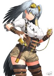 Rule 34 | 1girl, alternate costume, bird tail, black hair, black thighhighs, boots, breasts, brown footwear, brown gloves, center frills, chain, closed mouth, corset, cowboy shot, dated, fingerless gloves, frills, gloves, goggles, goggles on head, green eyes, grey hair, gun, hair between eyes, handgun, happa (cloverppd), head wings, kemono friends, large breasts, multicolored hair, shoebill (kemono friends), short sleeves, shorts, signature, simple background, solo, steampunk, tail, thigh boots, thighhighs, thighhighs under boots, underbust, weapon, white background, wings