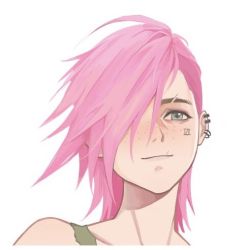 Rule 34 | 1girl, character name, closed mouth, ear piercing, earrings, freckles, hair over one eye, jewelry, league of legends, looking at viewer, lowres, piercing, pink hair, portrait, short hair, simple background, smile, solo, vi (league of legends), white background, wuzeirou