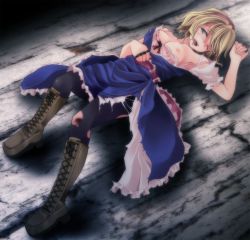 Rule 34 | 1girl, alice margatroid, bad id, bad pixiv id, black pantyhose, blonde hair, blood, blue eyes, boots, bra, breasts, capelet, cross-laced footwear, female focus, highres, injury, jewelry, lace-up boots, lingerie, lying, nipples, on back, one eye closed, pantyhose, ring, sash, short hair, small breasts, solo, tears, torn clothes, torn pantyhose, touhou, tsukishiro saika, underwear, wince, wink