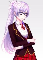 Rule 34 | 1girl, alternate costume, bad id, bad pixiv id, blazer, blue-framed eyewear, blue eyes, buttons, collared shirt, crossed arms, earrings, glasses, grey background, hair ornament, highres, hirein, jacket, jewelry, long hair, looking at viewer, neck ribbon, parted lips, plaid, plaid skirt, ponytail, red ribbon, ribbed shirt, ribbon, rwby, scar, scar across eye, scar on face, school uniform, shirt, sidelocks, simple background, skirt, solo, very long hair, vest, weiss schnee, white hair, white shirt