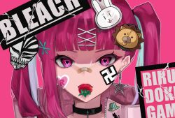 Rule 34 | 1girl, artist request, bleach, character name, dokugamine riruka, expressionless, food, food in mouth, fruit, heart, heart-shaped pupils, highres, lips, long hair, looking at viewer, pink background, pink eyes, pink hair, simple background, solo, strawberry, symbol-shaped pupils, twintails, upper body, very long hair
