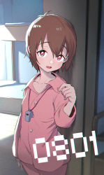 Rule 34 | 1girl, blush, brown eyes, brown hair, collarbone, commentary request, digimon, digimon adventure, half-closed eyes, indoors, long sleeves, looking at viewer, open mouth, pajamas, pink pajamas, short hair, solo, ter (otokoter), whistle, whistle around neck, yagami hikari