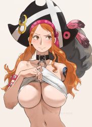 Rule 34 | 1girl, absurdres, alternate costume, blush, breasts, breasts out, hat, highres, joy boy, large breasts, nami (one piece), no nipples, official alternate costume, one piece, one piece film: red, orange hair, pirate hat, shoulder tattoo, smile, tattoo, twintails, underboob, upper body