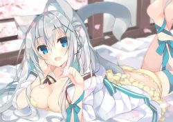 Rule 34 | 1girl, animal ears, barefoot, blue eyes, braid, breasts, cat ears, cherry blossoms, cleavage, fang, frills, hair ornament, highres, long hair, looking at viewer, lying, medium breasts, on stomach, open clothes, open mouth, original, panties, petals, satsuki mayuri, silver hair, solo, underwear, x hair ornament