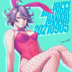 Rule 34 | 1girl, 2021, artist name, bare arms, bare shoulders, birthday, bow, bowtie, breasts, cleavage, covered erect nipples, dated, detached collar, facing viewer, fishnet pantyhose, fishnets, green background, happy birthday, leotard, looking at viewer, magicami, messy hair, miyamusapi, musapi, pantyhose, playboy bunny, purple eyes, purple hair, rabbit ears, red bow, red bowtie, red leotard, short hair, simple background, sitting, small breasts, solo, strapless, strapless leotard, tamaki hanabi