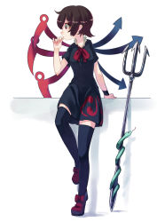 Rule 34 | 1girl, asymmetrical wings, black dress, black hair, black thighhighs, bow, dress, full body, hashiro, highres, houjuu nue, polearm, profile, red eyes, ribbon, shoes, short hair, short sleeves, snake, solo, standing, standing on one leg, thighhighs, touhou, trident, weapon, white background, wings, wrist cuffs, zettai ryouiki
