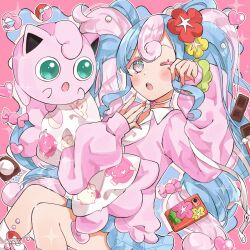 Rule 34 | 1girl, :o, blue hair, blue skirt, blush, candy, cellphone, chocolate, chocolate bar, choker, colored eyelashes, commentary request, creatures (company), curly hair, fairy miku (project voltage), flower, food, game freak, gen 1 pokemon, hachimiya mumu, hair ornament, hatsune miku, heart, heart choker, highres, jigglypuff, long hair, long sleeves, looking at viewer, miniskirt, multicolored hair, nail polish, nintendo, one eye closed, open mouth, phone, pillow, pink background, pink choker, pink eyes, pink hair, pink nails, pink sweater, pink theme, pokemon, pokemon (creature), project voltage, red flower, scrunchie, sidelocks, sitting, skirt, smartphone, sparkle, sweater, twintails, two-tone hair, very long hair, vocaloid, wrist scrunchie, yawning, yellow flower, yellow scrunchie