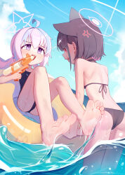 Rule 34 | 2girls, :d, absurdres, afloat, ahoge, alternate costume, ass, bare back, barefoot, bikini, black bikini, black hair, black one-piece swimsuit, blue archive, blue sky, blunt bangs, cloud, cloudy sky, colored inner hair, commentary request, feet, hair between eyes, hair ornament, halo, highres, holding, holding water gun, horizon, in water, innertube, kazusa (blue archive), knees up, leaning forward, long hair, looking at another, low twintails, midriff, multicolored hair, multiple girls, ocean, on innertube, one-piece swimsuit, open mouth, outdoors, purple eyes, purple hair, red eyes, reisa (blue archive), short hair, shoulder blades, sidelocks, sitting, sky, sleeveless, smile, soles, star (symbol), star hair ornament, swim ring, swimsuit, toes, twintails, two-tone hair, water gun, wet, wet clothes, wet swimsuit, whonyang