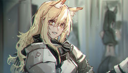 Rule 34 | 2girls, alternate hairstyle, animal ear fluff, animal ears, arknights, armor, blonde hair, blurry, blurry background, breastplate, chromatic aberration, commentary, grin, hair between eyes, hair down, horse girl, indoors, long hair, looking at viewer, multiple girls, nearl (arknights), pauldrons, ryuuzaki ichi, shoulder armor, sketch, smile, upper body, yellow eyes
