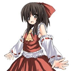 Rule 34 | 1girl, ascot, blush, bow, brown eyes, brown hair, detached sleeves, eyebrows, female focus, hair bow, hakurei reimu, looking at viewer, open mouth, red bow, red skirt, ribbon-trimmed sleeves, ribbon trim, ryokushiki (midori-ya), simple background, skirt, smile, solo, touhou, vest, white background