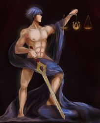 Rule 34 | 1boy, bare pectorals, bare shoulders, barefoot, black background, blue eyes, blue hair, chrom (fire emblem), fire emblem, fire emblem awakening, full body, highres, holding, holding sword, holding weapon, male focus, nintendo, nipples, pectorals, robe, simple background, standing, sword, weapon, weighing scale