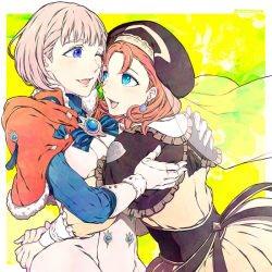 Rule 34 | 2girls, annette fantine dominic, annette fantine dominic (cosplay), bad id, bad pixiv id, blonde hair, blue eyes, capelet, cosplay, costume switch, earrings, fire emblem, fire emblem: three houses, gloves, hat, hug, jewelry, looking at another, mercedes von martritz, mercedes von martritz (cosplay), multiple girls, nintendo, orange hair, ribbon, short hair, totototope, upper body
