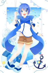 Rule 34 | 1boy, anchor, balloon, banner, blue footwear, blue hair, blue nails, blue scarf, blue sky, blue theme, blush, bow, brown shorts, child, cloud, cloudy sky, fish, hair ornament, hairclip, happy, highres, holding, holding balloon, ibispaint (medium), kaito (vocaloid), letter, lifebuoy, mail, male focus, midriff peek, nail polish, omochi., open mouth, paper, sailor, scarf, scarf bow, shirt, shoelaces, shoes, short hair, short sleeves, shorts, sky, smile, solo, star (symbol), striped, swim ring, vocaloid, water