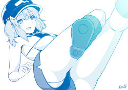 Rule 34 | 1girl, bikini, bikini top only, blue theme, blush, boots, breasts, commentary request, flat cap, foot out of frame, hair bobbles, hair ornament, hat, highres, kagiyama shachou, kawashiro nitori, large breasts, looking at viewer, medium hair, monochrome, open mouth, short shorts, shorts, sidelocks, simple background, smile, solo, swimsuit, touhou, two side up, underboob