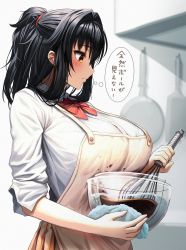 Rule 34 | 1girl, apron, black hair, blush, bow, bowl, bowtie, breasts, chocolate, closed mouth, commentary request, gibagiba, highres, holding, holding bowl, large breasts, orange eyes, original, raglan sleeves, red bow, red bowtie, school uniform, shirt, short hair, solo, sweatdrop, thought bubble, translation request, valentine, white shirt, yellow apron
