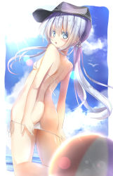 Rule 34 | 1girl, :o, anchor hair ornament, anchor symbol, ass, back, bad id, bad pixiv id, ball, bare arms, bare shoulders, beachball, bikini, bikini pull, black hat, blue eyes, blue sky, blurry, blurry foreground, blush, breasts, butt crack, clothes pull, cloud, cloudy sky, commentary request, day, depth of field, flat cap, from behind, hair between eyes, hair ornament, hat, hibiki (kancolle), highres, kantai collection, kneeling, long hair, looking at viewer, looking back, micro bikini, natuna natu, outdoors, parted lips, pulling own clothes, side-tie bikini bottom, silver hair, sky, small breasts, solo, sun, sunlight, swimsuit, very long hair, white bikini