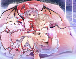 Rule 34 | 2girls, adapted costume, bat wings, blonde hair, bow, closed eyes, fang, female focus, flandre scarlet, hat, hat bow, multiple girls, open mouth, outstretched hand, purple eyes, purple hair, remilia scarlet, short hair, siblings, side ponytail, sisters, smile, touhou, wings, yakumo shibata