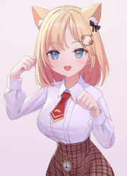 Rule 34 | 1girl, animal ear fluff, animal ears, anouetto, blonde hair, blue eyes, bow, breasts, cat ears, collared shirt, cowboy shot, hair bow, hair ornament, high-waist skirt, hololive, hololive english, kemonomimi mode, large breasts, long sleeves, looking at viewer, medium hair, narrow waist, necktie, open mouth, paw pose, plaid, plaid skirt, pocket watch, shirt, shirt tucked in, simple background, skirt, smile, solo, tented shirt, virtual youtuber, watch, watson amelia, white shirt