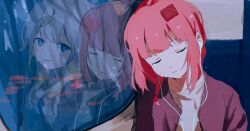 Rule 34 | blonde hair, blue eyes, braid, closed mouth, collarbone, crying, different reflection, earbuds, earphones, food, food on head, highres, jacket, kamukamu810, looking at another, maguro-chan wa taberaretai!, maguro (maguro-chan), medium hair, misaki (maguro-chan), object on head, pink hair, red jacket, reflection, shirt, short hair, single braid, sitting, smile, train interior, tuna, white shirt, window