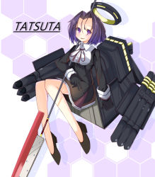 Rule 34 | 1girl, black dress, black footwear, black gloves, blush, breasts, buttons, character name, collared shirt, dress, full body, glaive (polearm), gloves, halo, kantai collection, large breasts, machinery, mechanical halo, open mouth, polearm, purple eyes, purple hair, rigging, rurisakura, shirt, shoes, short hair, smile, solo, tatsuta (kancolle), torpedo, white shirt