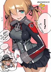 Rule 34 | &gt; &lt;, ...!, 1girl, puff of air, anchor hair ornament, aqua eyes, black ribbon, black skirt, blonde hair, blush, breasts, commentary, cross, flying sweatdrops, grey headwear, hair ornament, hair ribbon, hat, highres, iron cross, kantai collection, long hair, long sleeves, looking at viewer, medium breasts, military, military uniform, multiple views, nichigeckoh, open mouth, peaked cap, pink background, pleated skirt, prinz eugen (kancolle), ribbon, simple background, skirt, spoken blush, sweat, symbol-only commentary, translation request, twintails, twitter username, two-tone background, uniform, wavy mouth, white background