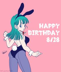 Rule 34 | 1girl, animal ears, artist request, ass, birthday, blue eyes, blue hair, breasts, bulma, cleavage, collar, collarbone, cowboy shot, curvy, dragon ball, earrings, fake animal ears, high heels, highleg, highleg leotard, jewelry, large breasts, leotard, long hair, looking at viewer, looking back, matching hair/eyes, nail polish, pantyhose, playboy bunny, rabbit ears, solo, thick thighs, thigh gap, thighs, wide hips, wrist cuffs